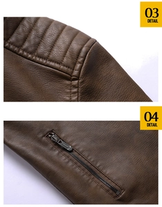 Detail of brown PU leather jacket featuring quilted shoulders and metal zip pockets