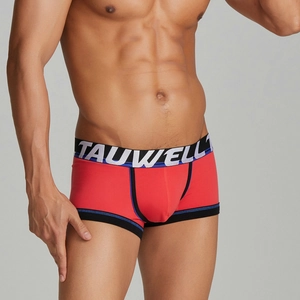 Close-up of red men's boxer briefs with blue contrast stitching and a U-pouch