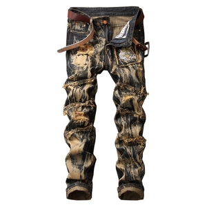 Men's Ripped Jeans Vintage Acid Wash Denim Pants With Tiger Head Embroidery Distressed Straight Leg Trousers With Belt
