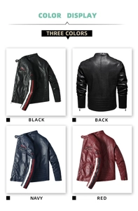 Detail view of men's faux leather racing jacket with contrast stripes and embroidery