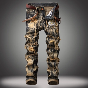 Men's vintage distressed straight leg jeans with tiger embroidery and brown belt