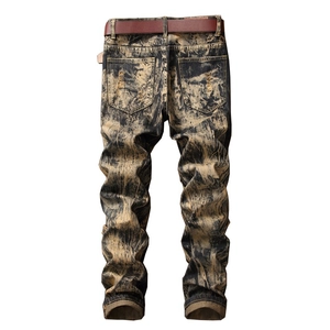 Men's vintage distressed straight leg jeans with yellow acid wash and marble pattern