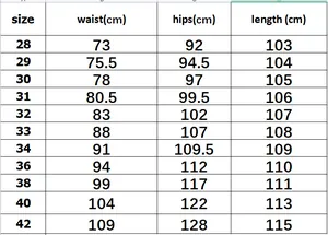 Guide des tailles détaillé pour jean slim gris homme avec taille, hanches et longueur