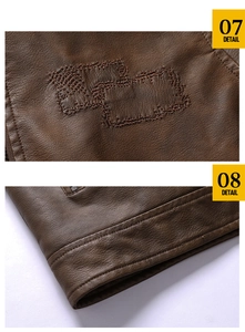 Close-up of diamond embroidery and precise hem stitching on brown faux leather jacket