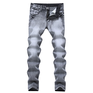 Jeans Empilés Gris pour Hommes Coupe Ajustée en Denim de Coton Délavé Stretch Pantalon Long pour Casual Streetwear Hip Hop Style Mode