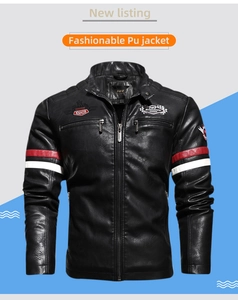 Detailed view of the red and white patchwork stripes on the sleeve of a PU biker jacket
