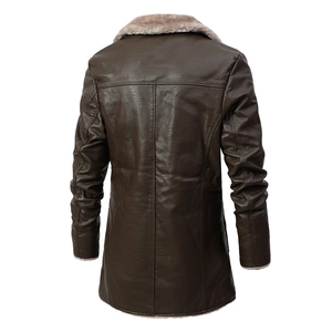 Veste mi-longue en similicuir marron foncé pour homme avec col en fourrure et doublure peluche