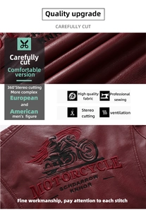 Detailed back embroidery of motorcycle patterns on a premium dark red faux leather jacket
