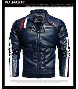Detail of navy blue PU leather jacket with racing stripes and silver zipper pockets