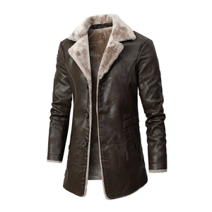 Manteau mi-long en cuir PU marron pour hommes avec doublure polaire et grand revers