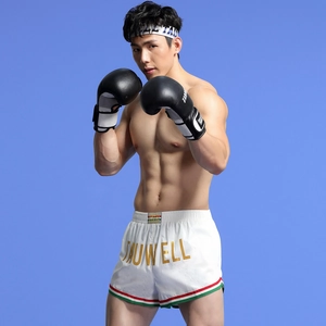Detailed view of white boxing shorts with gold lettering and green-red striped trim