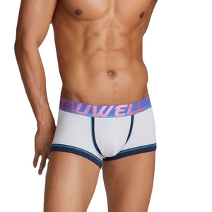 Men's low-rise contrast boxer briefs in white with purple and blue elastic waistband