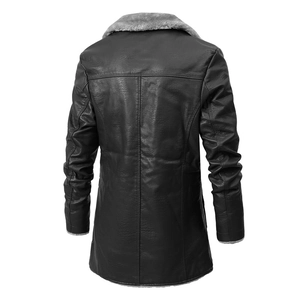 Veste homme hiver mi-longue en simili cuir avec grand col fourrure grise et coupe slim