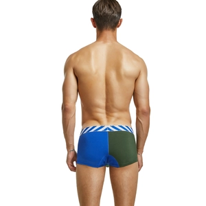 Rear view of men's low-rise boxer briefs with blue and green color-block knit design