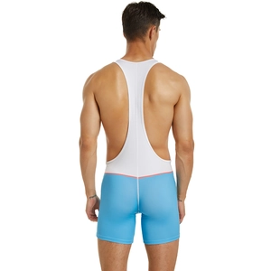 Singlet de sport pour homme avec dos nageur blanc et short bleu, vue de dos