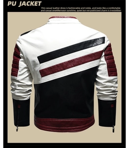 Détail du dos de la veste en cuir PU avec motif patchwork blanc, noir et bordeaux