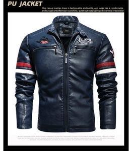 Detail of navy blue PU leather jacket featuring racing patches and red-white stripes