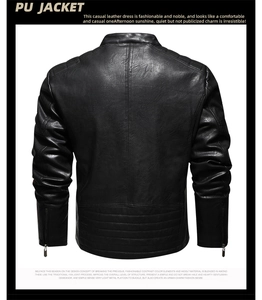 Detail view of men's black PU biker jacket back showing parallel quilted textures