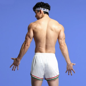 Rear view of white men's running shorts with striped hems and back pocket detail