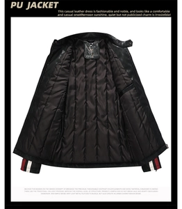 Close-up of black PU leather jacket featuring diamond quilted lining and striped cuffs