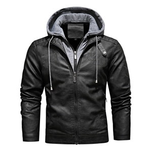 Men's slim fit PU leather jacket with detachable grey hood and ribbed texture