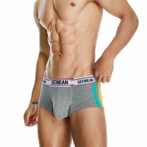 Nahaufnahme der grauen Herrenboxershorts mit Gummibund und gestreiftem Seitendetail