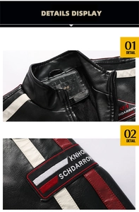 Détails de la broderie et de la fermeture éclair métallique sur le blouson en cuir PU