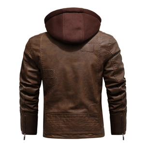 Men's retro slim fit brown PU leather motorcycle jacket with a detachable fabric hood
