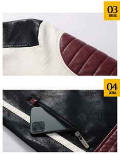 Détail des coutures matelassées aux épaules et de la poche zippée de la veste en cuir