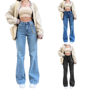 Women high-waisted flare jeans with metal waist chain in blue and black denim colors