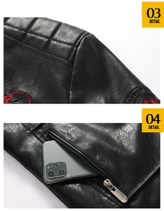 Detail view of men's leather racing jacket showing shoulder quilting and zipper pocket
