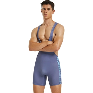 Front view of grey-blue men's athletic wrestling singlet with elastic compression fabric