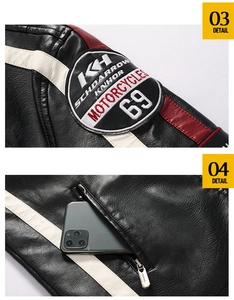 Détail de la manche de veste moto avec écusson brodé vintage et poche latérale zippée