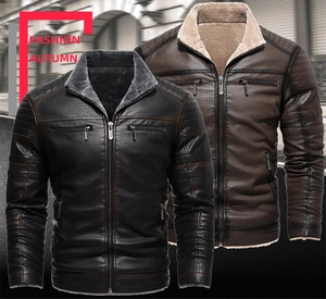 Detail of mens faux leather jacket with warm faux fur lining and pleated shoulder seams