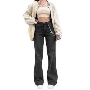 Women high waist wide leg flared jeans in dark grey with stylish metal waist chain detail
