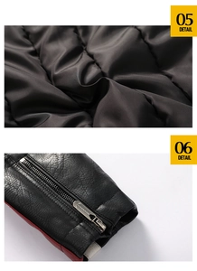 Detail of quilted leather fabric and sleeve cuff with silver zipper on moto jacket