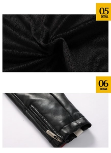 Détails de la veste en cuir noir montrant la doublure polaire et les poignets zippés