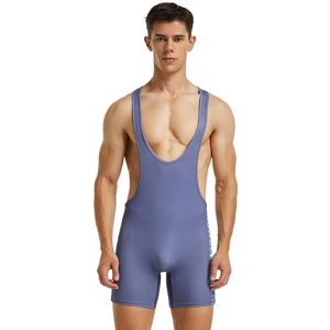 Close-up of men's athletic wrestling singlet in gray-blue with side letter printing