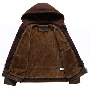 Men's brown slim-fit PU leather jacket with removable hood and warm fleece lining