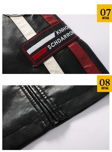 Détail du patch brodé SCHDARROW et coutures de précision sur la veste en cuir noir