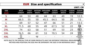 Detailed size chart in CM for men's PU leather jacket showing EUR S to 3XL measurements