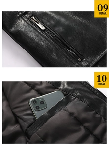 Macro detail of high-quality PU leather motorcycle jacket showing zipper pockets and phone storage