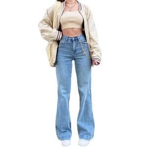 Women high-waisted wide-leg flare jeans in light blue denim with a decorative gold chain