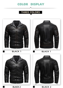 Detail of men's black PU leather jacket showing ribbed shoulders and faux fur collar