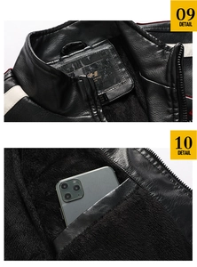 Détail de la veste en cuir pour homme avec doublure polaire et poche pour téléphone