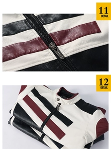 Détail de la veste en similicuir avec col montant, blocs de couleurs et zip métallique