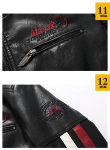 Close-up of black PU leather jacket with embroidery and red and white striped sleeves