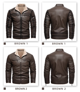 Detail of men's brown PU leather jacket with warm fleece collar and zip pockets