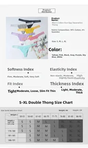 Size chart for men's elephant pouch thongs with height, weight and cotton fabric details