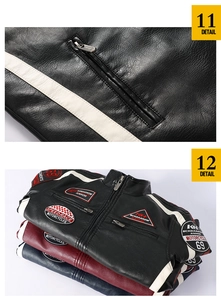 Détails de veste moto en cuir avec broderies de course et bandes contrastées